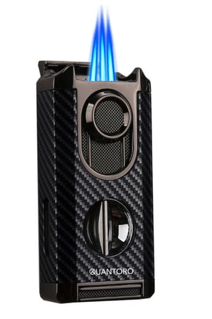 Quantoro 3 Torch Pürmüz V-Cut Siyah Karbon Desenli Metal Puro Çakmağı - TRZ1174