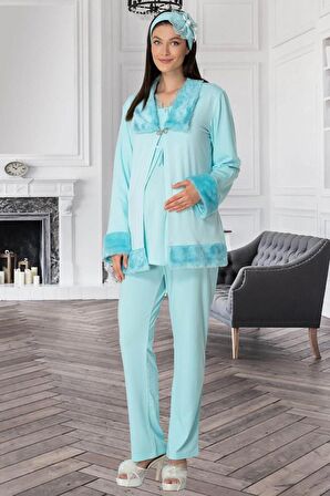 Mecit 5304 Turkuaz  Peluş Detaylı  Sabahlıklı Lohusa Pijama Takımı