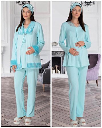 Mecit 5304 Turkuaz  Peluş Detaylı  Sabahlıklı Lohusa Pijama Takımı