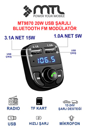 20W Çift USB Çıkışlı QC 3.0 Destekli Bluetooth FM Modülatör ve Araç Şarj Cihazı