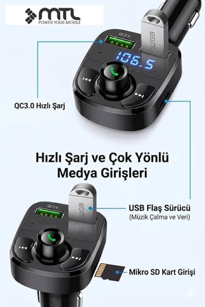 20W Çift USB Çıkışlı QC 3.0 Destekli Bluetooth FM Modülatör ve Araç Şarj Cihazı