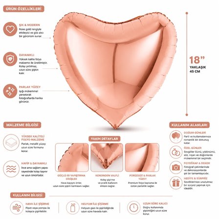 Rose Gold Kalp Folyo Balon 18 İnç Doğum Günü Parti Süsü Dekorasyon Balonu Helyumlu