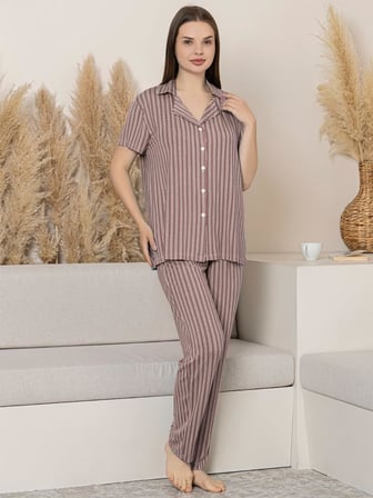 Limissi Çizgili Önden Düğmeli M-XXL Yetişkin Pijama Takımı - Kahverengi