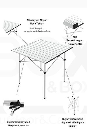 Box&Box Alüminyum, Katlanabilir Kamp ve Piknik Masası, Omuz Askılı Taşıma Çantasıyla XL, Gri 