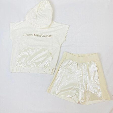 Kız Çocuk İkili Takım Vizon Kapüşonlu Sweat - Shirt Parlak Şort