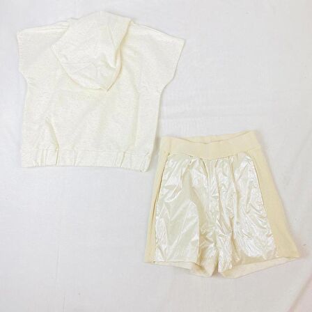 Kız Çocuk İkili Takım Vizon Kapüşonlu Sweat - Shirt Parlak Şort