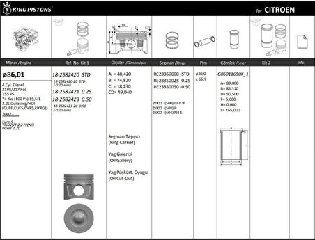 Ford Motor Piston+segman ( Std ) Transıt Euro5 2.2tdci V347 - V362 - V363 - Ranger 2.2 155ps Boxer - Jump - Kingpiston 18-2582420