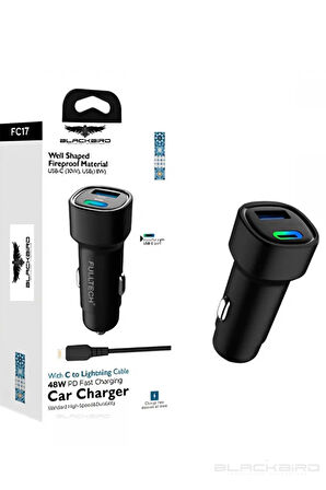 Hızlı Şarj 48W Araç İçi Şarj+ C to Lightning Kablo 1xUSB-C 1xUSB Şarj Aleti FC17