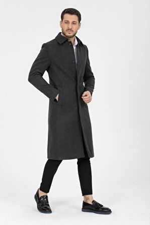 Erkek Antrasit Dar Kesim Uzun Yün Karışımlı Kaşe Gömlek Yaka Palto&kaban