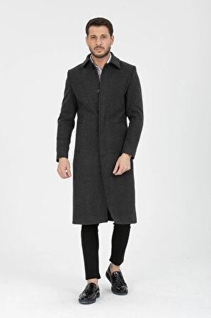 Erkek Antrasit Dar Kesim Uzun Yün Karışımlı Kaşe Gömlek Yaka Palto&kaban