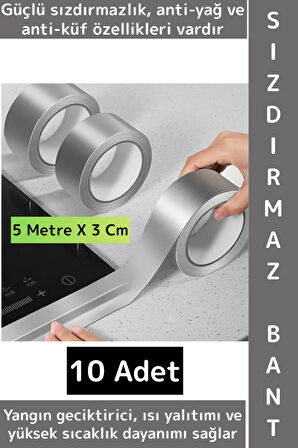 Kendinden Yapışkanlı Mutfak Banyo Kolay Temizlik Su Sızdırmaz Yanmaz Alüminyum Bant 5 MtrX3 Cm 10 Ad