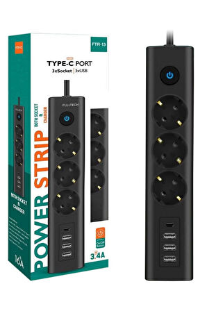 Akım Korumalı Priz 3'lü Priz  3x USB Girişi  1x TYPE-C Girişi 2mt Kablo Grup Priz Ftr-13