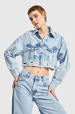 Kadın Snow Kot Rengi Yırtık Detaylı Crop Ceket