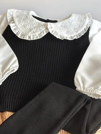 Kız Çocuk 2’li Takım Dantelli Bebe Yaka Gömlek Triko Süveter Fitilli Pantolon Şık Kombin