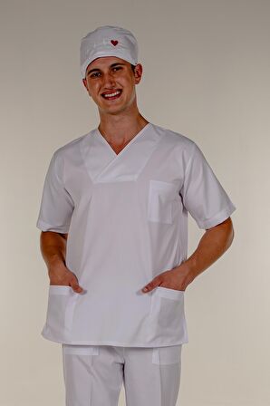 Beyaz Doktor Hemşire Üst Erkek Cerrahi Forma
