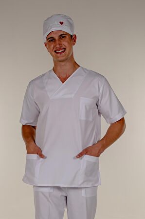 Beyaz Doktor Hemşire Üst Erkek Cerrahi Forma