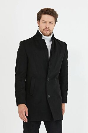 Mero Life Erkek Siyah Slim Fit Dik Yaka Yün Karışımlı Kaşe Kaban