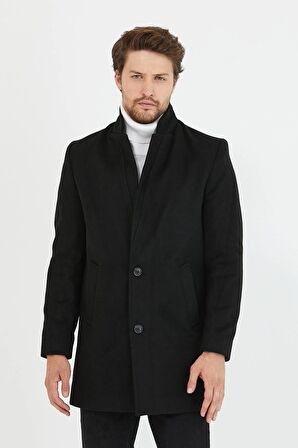 Mero Life Erkek Siyah Slim Fit Dik Yaka Yün Karışımlı Kaşe Kaban