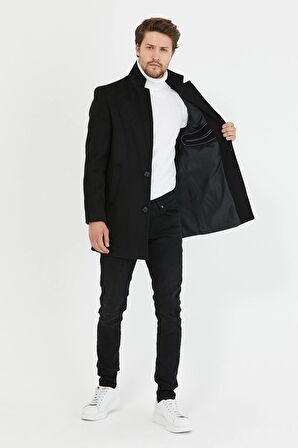 Mero Life Erkek Siyah Slim Fit Dik Yaka Yün Karışımlı Kaşe Kaban