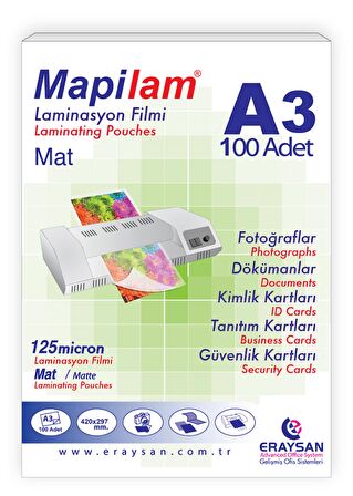 MAPİLAM 125 MİCRON MAT LAMİNASYON FİLMİ (A3) 100 LÜ
