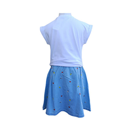 Kız Çocuk Baskılı Beyaz T-Shirt Nakış Baskılı Mavi Etek İkili Takım