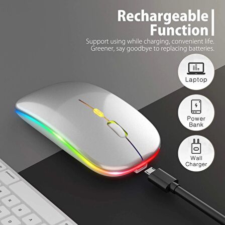 Gri RGB Şarjlı Kablosuz 1600DPI Işıklı Kablosuz Mouse Bwm6