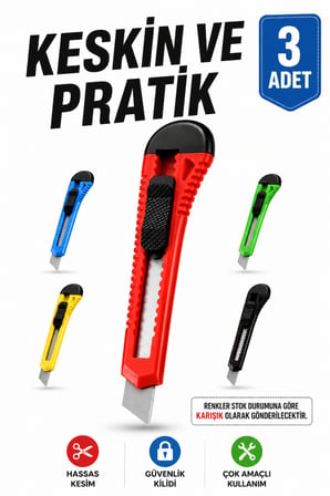 Maket Bıçağı 3 Adet Kesici Falçata Bıçağı | Güvenlik Kilitli, Kaydırmalı Mekanizmalı, Çok Amaçlı Kesim Aracı