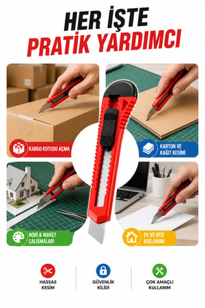 Maket Bıçağı 3 Adet Kesici Falçata Bıçağı | Güvenlik Kilitli, Kaydırmalı Mekanizmalı, Çok Amaçlı Kesim Aracı