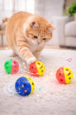 Arvital Zilli Plastik Kedi Oyun Topu 4'lü Set Renkli Çıngıraklı Aktivite Oyuncağı