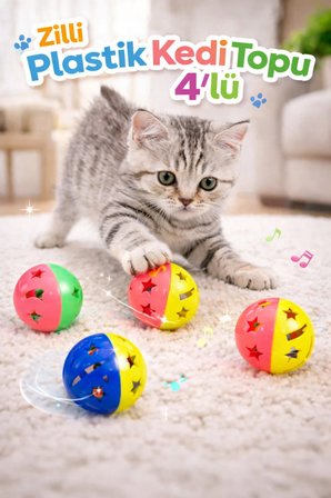 Zilli Plastik Kedi Topu 4’lü | Çıngıraklı Kedi Oyuncağı | Renkli Dayanıklı Top Seti