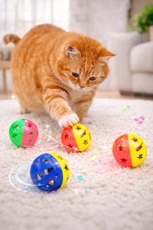 Zilli Plastik Kedi Topu 4’lü | Çıngıraklı Kedi Oyuncağı | Renkli Dayanıklı Top Seti