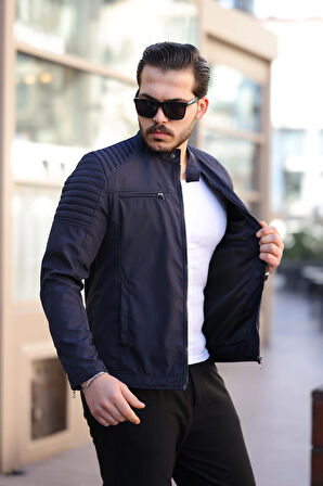 Erkek Lacivert Su ve Rüzgar Geçirmez Slim Fit Astarlı Mevsimlik Mont