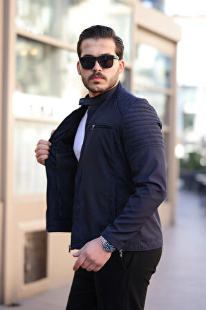 Erkek Lacivert Su ve Rüzgar Geçirmez Slim Fit Astarlı Mevsimlik Mont