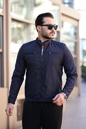 Erkek Lacivert Su ve Rüzgar Geçirmez Slim Fit Astarlı Mevsimlik Mont