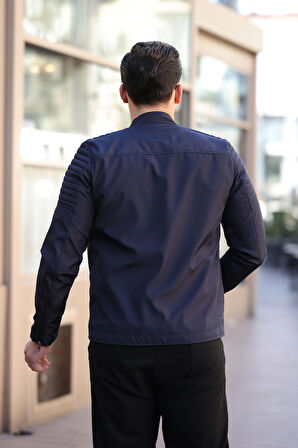 Erkek Lacivert Su ve Rüzgar Geçirmez Slim Fit Astarlı Mevsimlik Mont