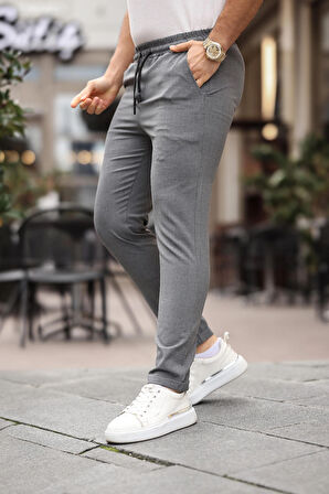 Erkek Gri Slim Fit Rahat Kesim Beli Bağlamalı Yan Cepli Likralı Jogger Pantolon