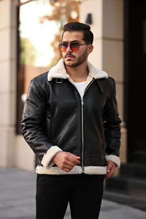 Erkek Napa Deri Içi Full Kürklü Yüksek Kalite Slim Fit Siyah-Krem Mont & Ceket