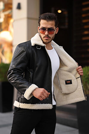 Erkek Napa Deri Içi Full Kürklü Yüksek Kalite Slim Fit Siyah-Krem Mont & Ceket