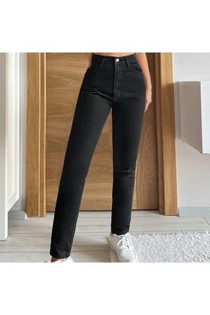 Mom Jean Kot Pantolon Siyah Mom Kadın Likralı-3