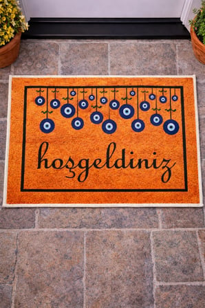 Arvital Hoşgeldiniz Nazar Boncuklu Kapı Önü Paspası 40x60 cm Kahverengi Kaymaz Taban