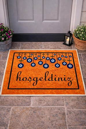 Arvital Hoşgeldiniz Nazar Boncuklu Kapı Önü Paspası 40x60 cm Kahverengi Kaymaz Taban