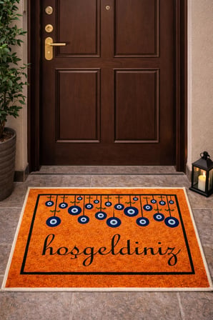 Arvital Hoşgeldiniz Nazar Boncuklu Kapı Önü Paspası 40x60 cm Kahverengi Kaymaz Taban
