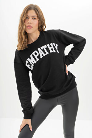 Kadın Siyah Renk Empathy Baskılı Oversize Üç İplik Sweatshirt