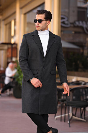 Erkek Antrasit Dar Kesim Uzun Yün Karışımlı Kaşe Kaban