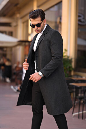 Erkek Antrasit Dar Kesim Uzun Yün Karışımlı Kaşe Kaban