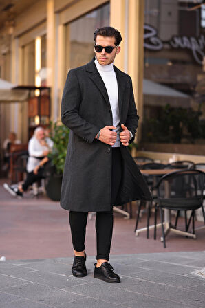 Erkek Antrasit Dar Kesim Uzun Yün Karışımlı Kaşe Kaban