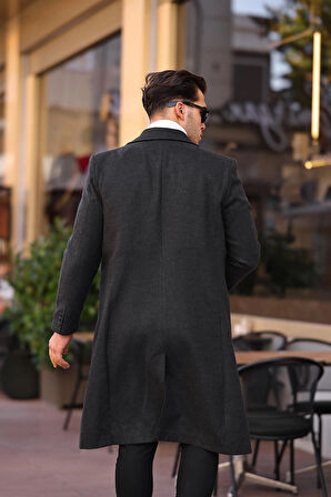 Erkek Antrasit Dar Kesim Uzun Yün Karışımlı Kaşe Kaban