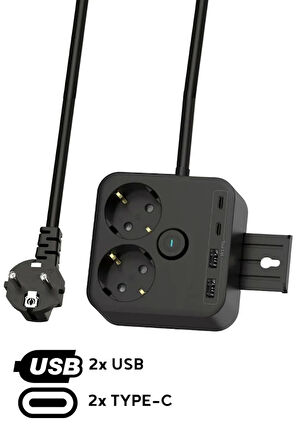 Akım Korumalı Priz 2'li Priz  2x USB Girişi  2x TYPE-C Girişi 2mt Kablo Grup Priz Ftr-21