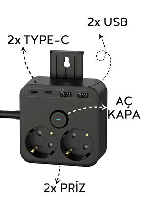 Akım Korumalı Priz 2'li Priz  2x USB Girişi  2x TYPE-C Girişi 2mt Kablo Grup Priz Ftr-21