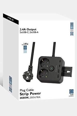 Akım Korumalı Priz 2'li Priz  2x USB Girişi  2x TYPE-C Girişi 2mt Kablo Grup Priz Ftr-21